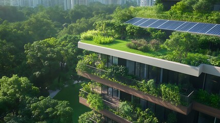 Poster - A modern building featuring a lush green rooftop garden and solar panels in a vibrant urban setting.
