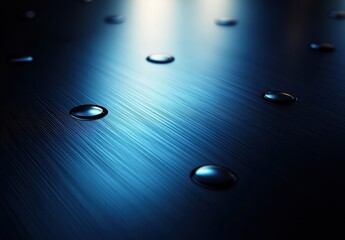 Poster - Smooth metallic surface with water droplets reflecting light, creating a serene and modern aesthetic ideal for backgrounds or product displays