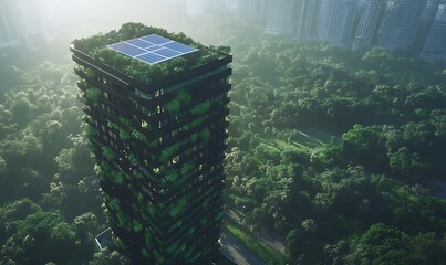 Poster - A green skyscraper surrounded by lush vegetation, showcasing sustainable architecture and urban nature.