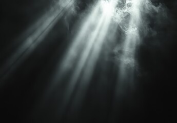 Poster - Soft Light Beams Piercing Through Dark Smoke Creating Ethereal Atmosphere Ideal for Mood Photography and Abstract Art Inspiration