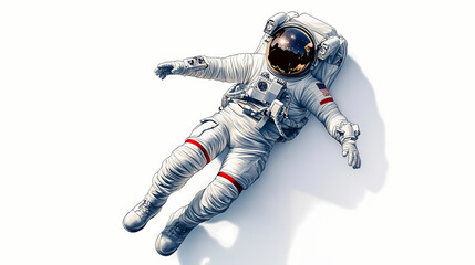 Wall Mural - a cartoon astronaut joyfully floating in zero gravity against a white backdrop, exploring the vastne
