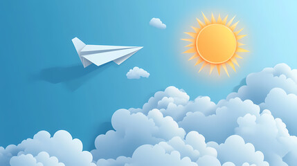 a paper airplane flies high above fluffy clouds under a bright sun during a clear day in a creative,