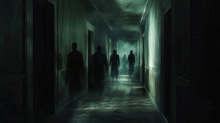 Aufkleber - Dark corridor filled with eerie shadows and flickering light creating a chilling horror atmosphere