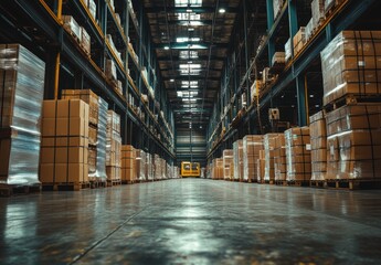 Poster - Spacious warehouse interior with neatly stacked boxes and pallets, illuminated by overhead lights, showcasing industrial storage and logistics environment