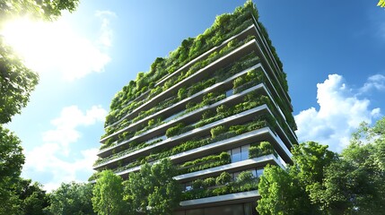Poster - Modern green building with lush vegetation and a clear blue sky surrounding it.