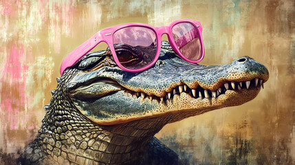 Wall Mural - an alligator with pink sunglasses in a painting style. whimsical - village. illustration
