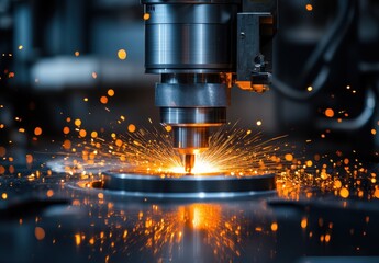 Poster - Sparkling Precision in Metalworking: Close-Up of Laser Cutting Process with Bright Sparks and Advanced Engineering Technology