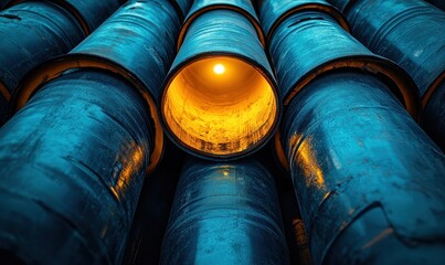 Poster - Stack of Industrial Drums with a Glowing Interior Illuminated by Warm Light Against a Cool Blue Background in a Contemporary Setting