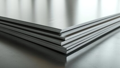 Poster - Stack of Metal Sheets with Smooth Surface and Reflections in Contemporary Industrial Setting, Ideal for Manufacturing and Design Contexts