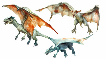 Wall Mural - Dinosaurs featuring various species like t-rex, triceratops and pterodactyl, watercolor illustration set. each element isolated on transparent background. Whimsical - Village. Illustration