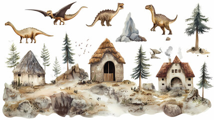 Wall Mural - Dinosaurs featuring various species like t-rex, triceratops and pterodactyl, watercolor illustration set. each element isolated on transparent background. Whimsical - Village. Illustration