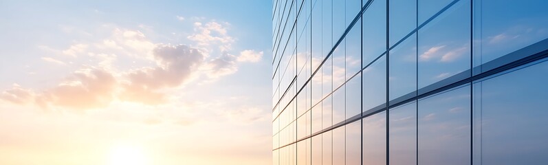 Aufkleber - Modern building reflecting a sunset with a clear sky and scattered clouds.