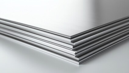 Poster - Stack of sharp-edged, glistening metal sheets arranged neatly on a clean surface with reflections creating a sleek industrial aesthetic