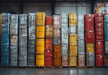 Poster - Stacked Colorful Cargo Containers in Industrial Warehouse Setting Showing Storage Efficiency and Supply Chain Management in Action