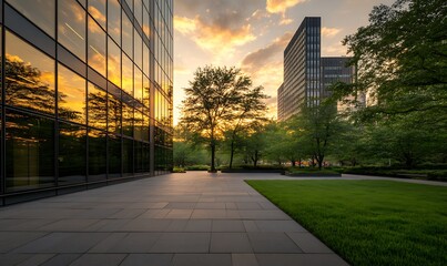 Poster - Modern cityscape at sunset with reflective buildings and green landscaping.