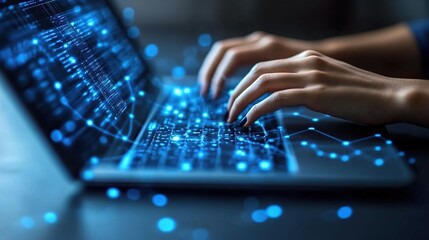 Poster - Hands typing on laptop, digital code overlay, office setting