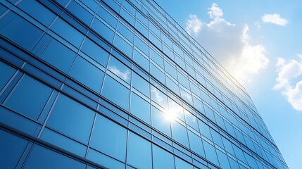 Aufkleber - Modern glass building reflecting sunlight against a bright blue sky.