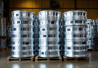 Poster - Stacked metallic industrial wheels in a spacious storage facility showcasing modern manufacturing processes and materials for automotive applications