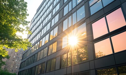 Poster - Modern building reflecting sunlight through large windows, surrounded by greenery.