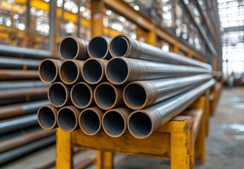 Poster - Stacked Steel Pipes in a Warehouse Under Industrial Lighting with a Focus on Quality Metal Manufacturing and Construction Supply Chain Efficiency