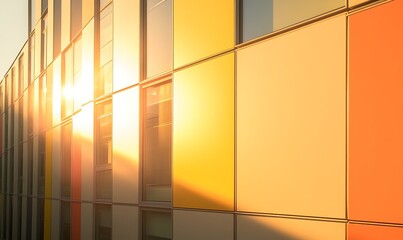 Aufkleber - Modern building facade with colorful panels reflecting sunlight at sunset.