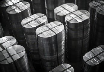 Poster - Stacks of Various Metallic Objects in a Factory Setting Capturing the Intricate Details of Industrial Production and Material Handling Processes