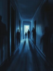 Aufkleber - Dark corridor filled with shadowy figures and eerie lights evokes chilling horror atmosphere