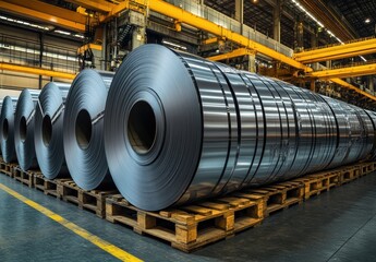Poster - Steel Coils in Large Manufacturing Warehouse with Modern Crane Machinery and Industrial Equipment for Production and Supply Chain Operations
