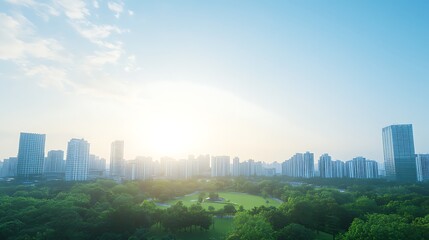 Poster - Urban landscape with modern buildings and greenery under a bright sky at sunrise.