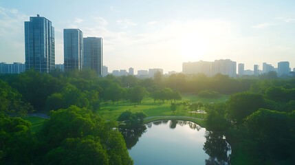 Aufkleber - Urban park with skyscrapers and a serene pond under a bright sky at sunrise.