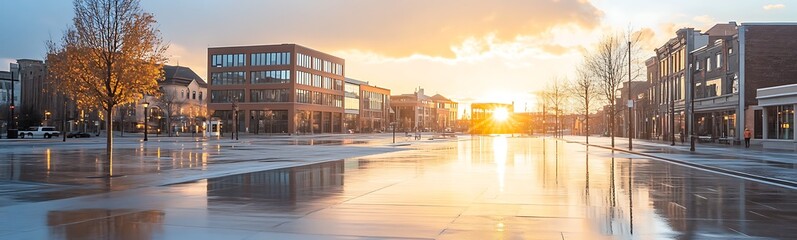 Aufkleber - Urban landscape at sunset with reflections on wet pavement and trees lining the street.