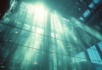 Aufkleber - Sunlight Streaming Through Modern Glass Architecture Creating an Ethereal Atmosphere in a City Building Interior