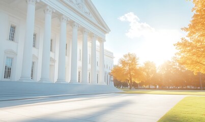 Aufkleber - Majestic building with white columns surrounded by golden autumn trees and sunlight.