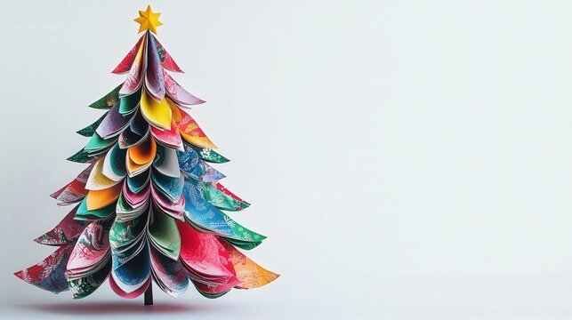 Christmas tree created from patterned Christmas paper, highlighting the vibrant colors and intricate design details