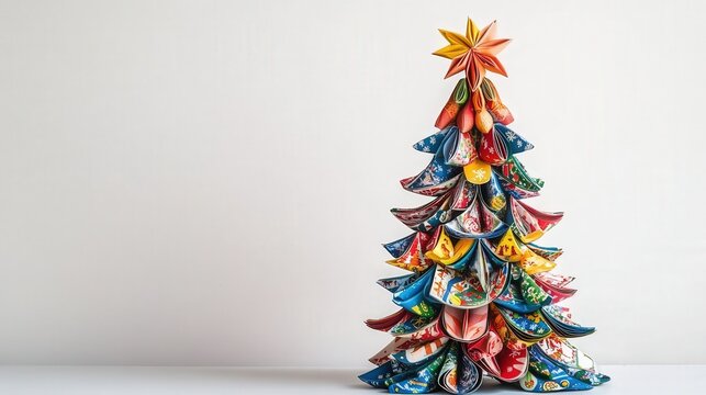 Christmas tree created from patterned Christmas paper, highlighting the vibrant colors and intricate design details