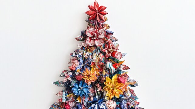Christmas tree created from patterned Christmas paper, highlighting the vibrant colors and intricate design details