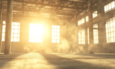 Aufkleber - Sunlight streams through large windows in an industrial space, creating an atmospheric and moody scene.