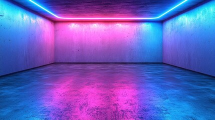 Poster - Empty room glows with pink and blue neon lighting in a minimalist space