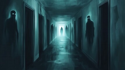 Aufkleber - Dark corridor filled with ghostly shadows and eerie light evokes a sense of dread and suspense in a cinematic horror setting