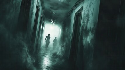 Aufkleber - Eerie corridor filled with shadowy figures and flickering light creates a haunting atmosphere of fear and suspense