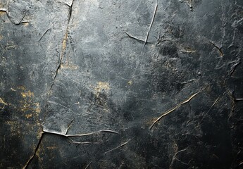 Poster - Textured black stone surface with cracks and golden accents, showcasing natural imperfections and a rugged aesthetic ideal for backgrounds and design elements