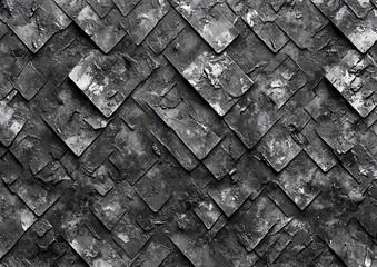 Poster - Textured black surface with overlapping abstract plates in a diamond pattern, showcasing grunge effects and uneven surfaces for artistic backgrounds.