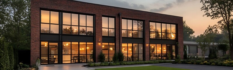 Aufkleber - A modern industrial brick building featuring large windows, ideal for architectural and design projects.