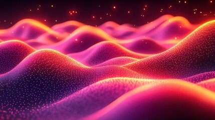 Poster - Pink, orange, glowing data waves; digital landscape; cosmic background; tech presentation
