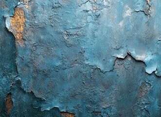 Poster - Textured blue wall with peeling paint and rust spots, showcasing a rustic aesthetic ideal for backgrounds in design, artwork, and photography projects.