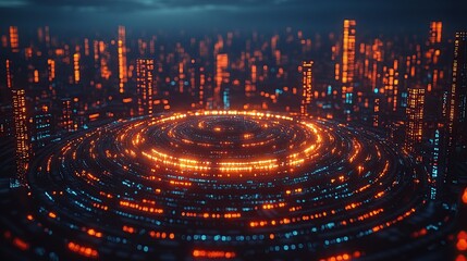Poster - Futuristic city, glowing circle, night, data center, tech background