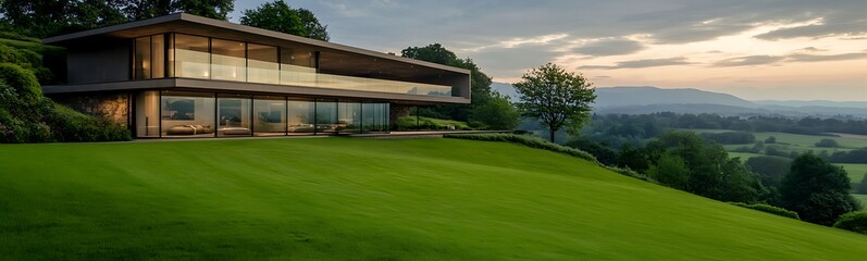 Aufkleber - Isolated contemporary villa featuring large glass walls, showcasing modern architectural design.