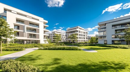 Aufkleber - Modern apartment complex featuring isolated design with blue sky backdrop.