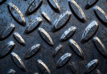 Poster - Textured Metal Surface with Raised Oval Patterns in Silver and Dark Blue, Industrial Design Element for Backgrounds and Textures