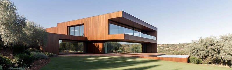 Poster - Modern villa featuring a wooden facade, set in an isolated landscape, perfect for architectural and real estate visuals.